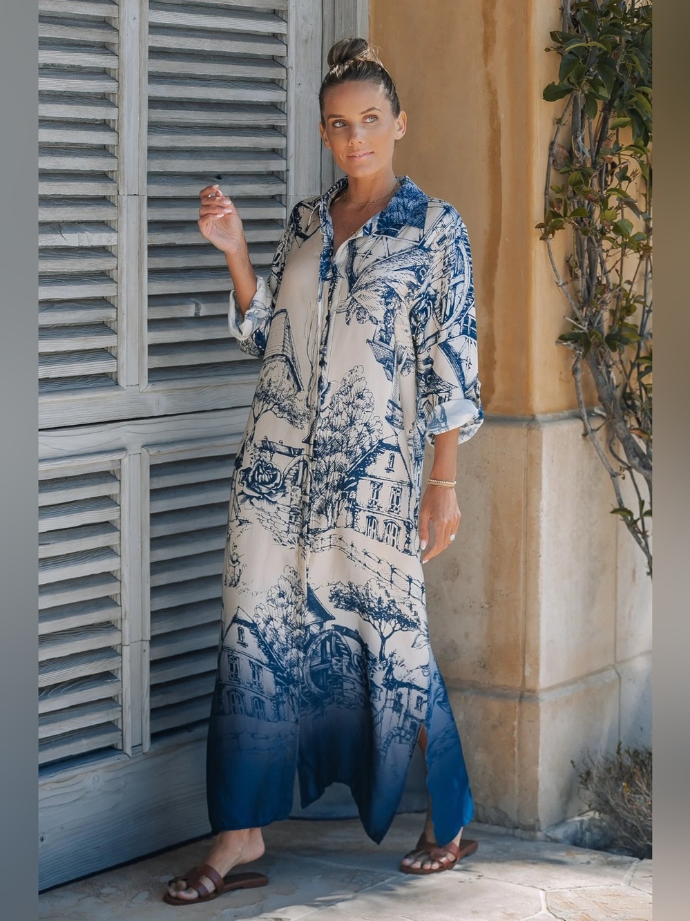 NWT Navy and White Printed Maxi Shirt Dress | Chic Vacation Dress - Picture 5 of 5